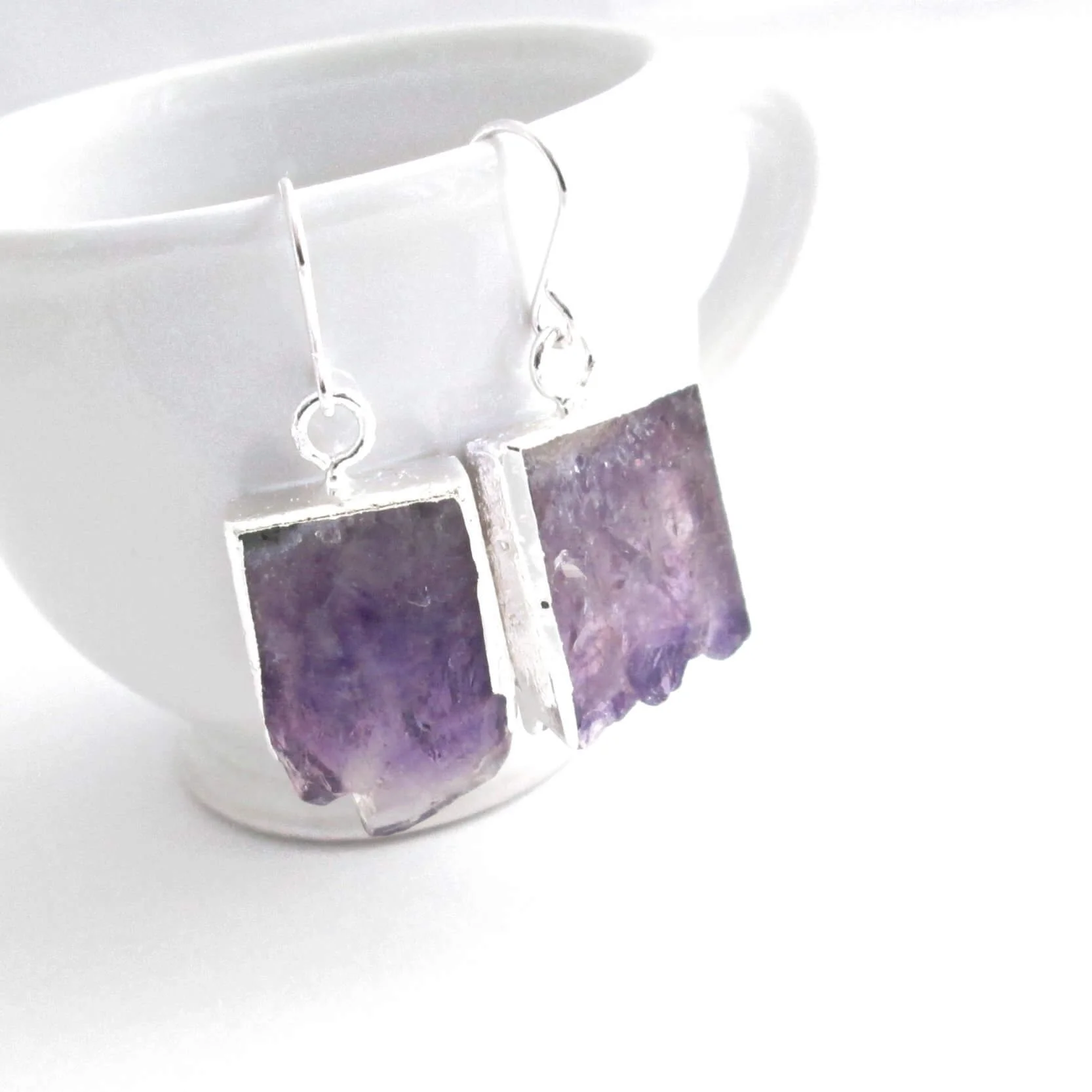 Purple Amethyst Slice Earrings Natural Quartz Sterling Silver